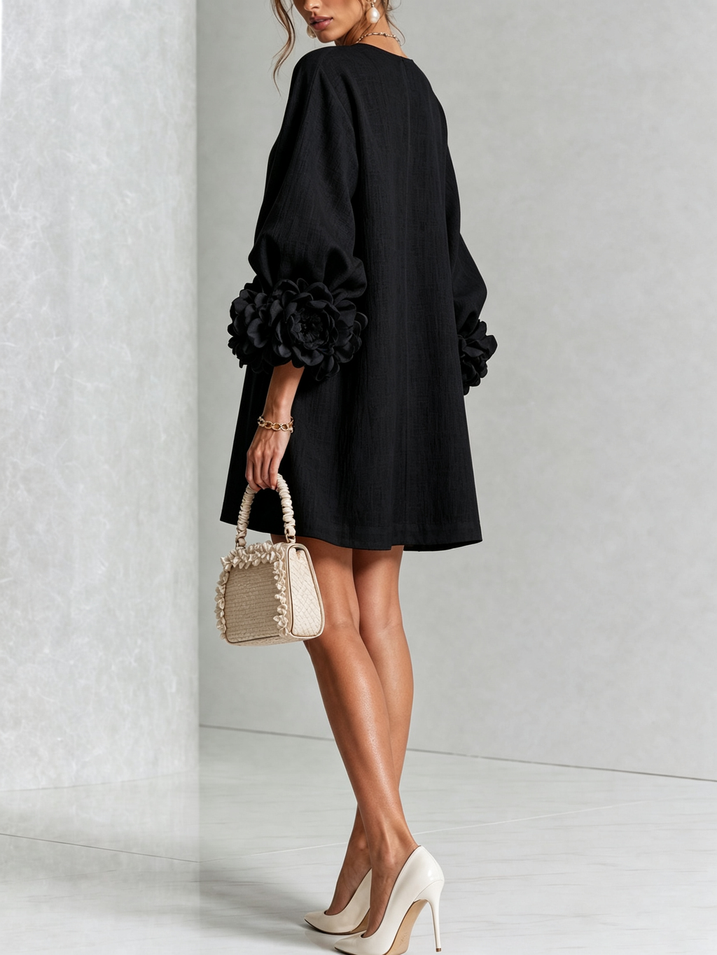 CECILIA | Vestido Mini en Mezcla de Lino con Puños Anudados en Rosa, Negro