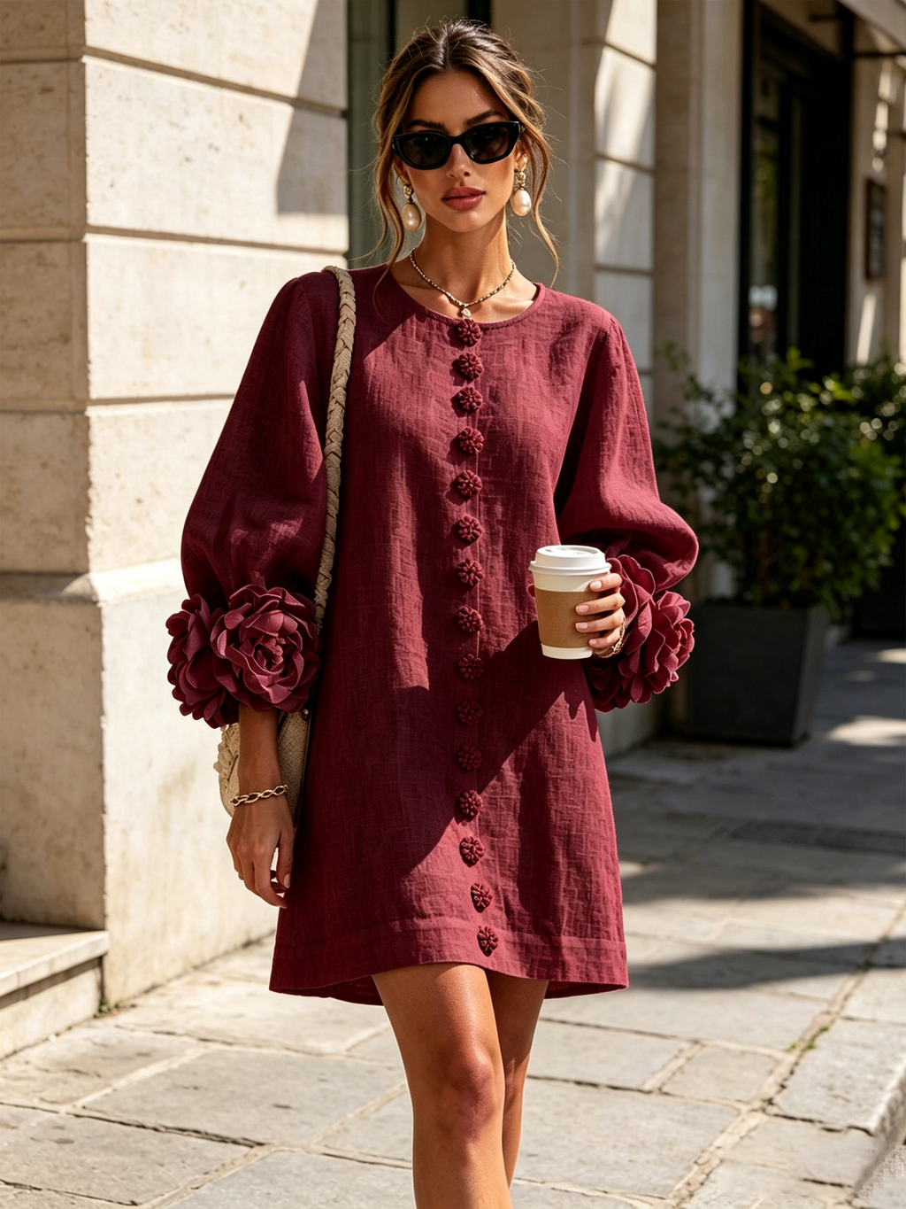 ILARIA | Vestido Mini en Mezcla de Lino con Puños Anudados en Rosa, Burdeos