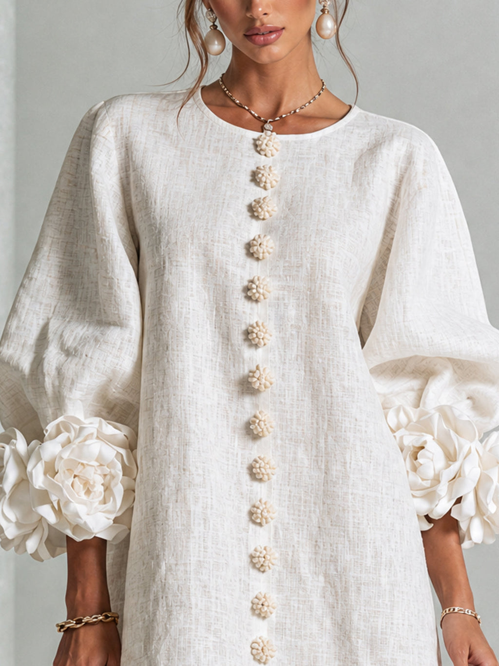 CHIARA | Vestido Mini en Mezcla de Lino con Puños Anudados en Rosa, Blanco